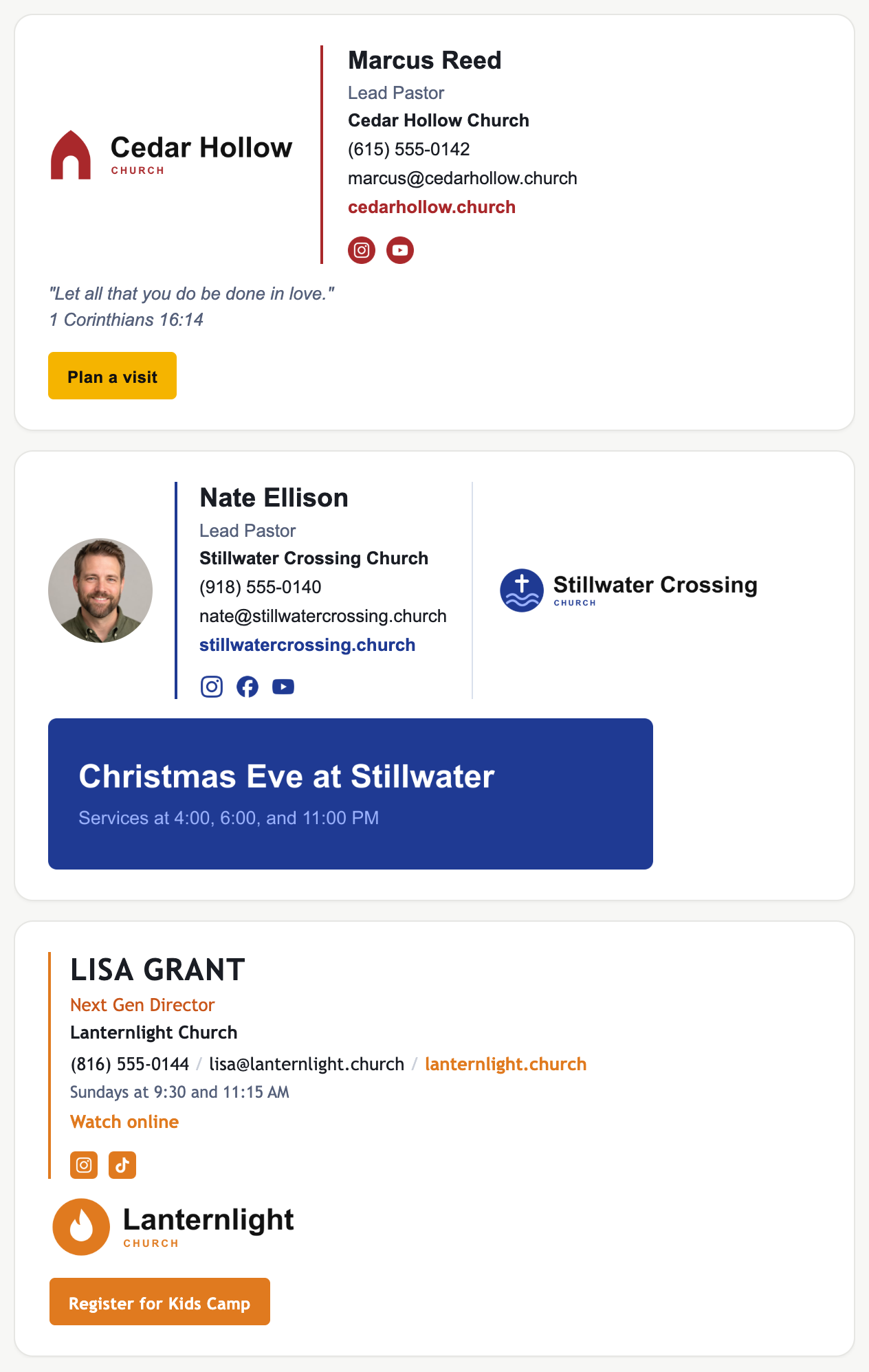Three polished email signatures built with Staff Signature