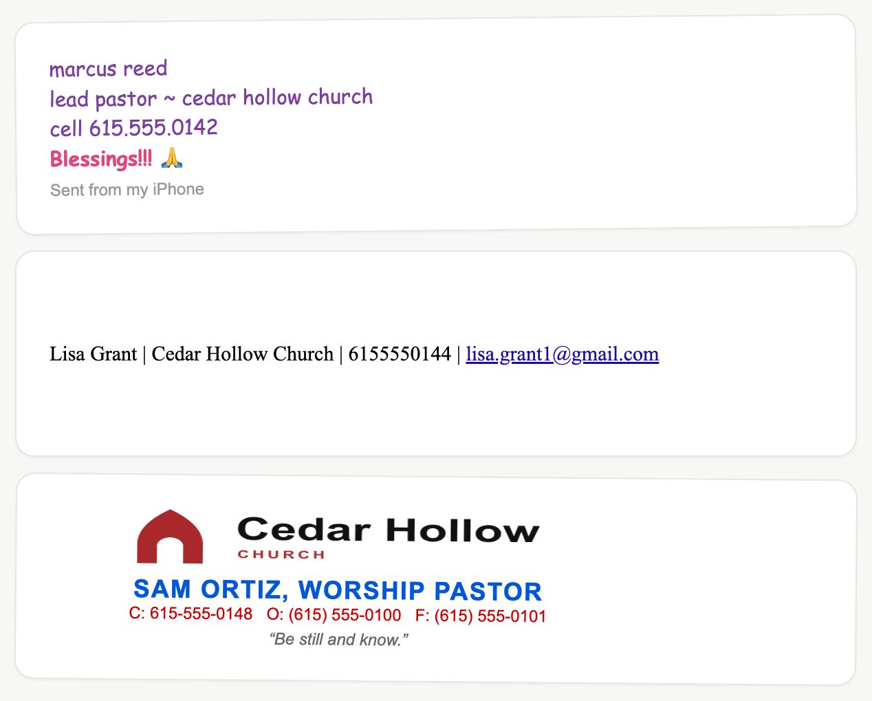 Three messy, mismatched email signatures
