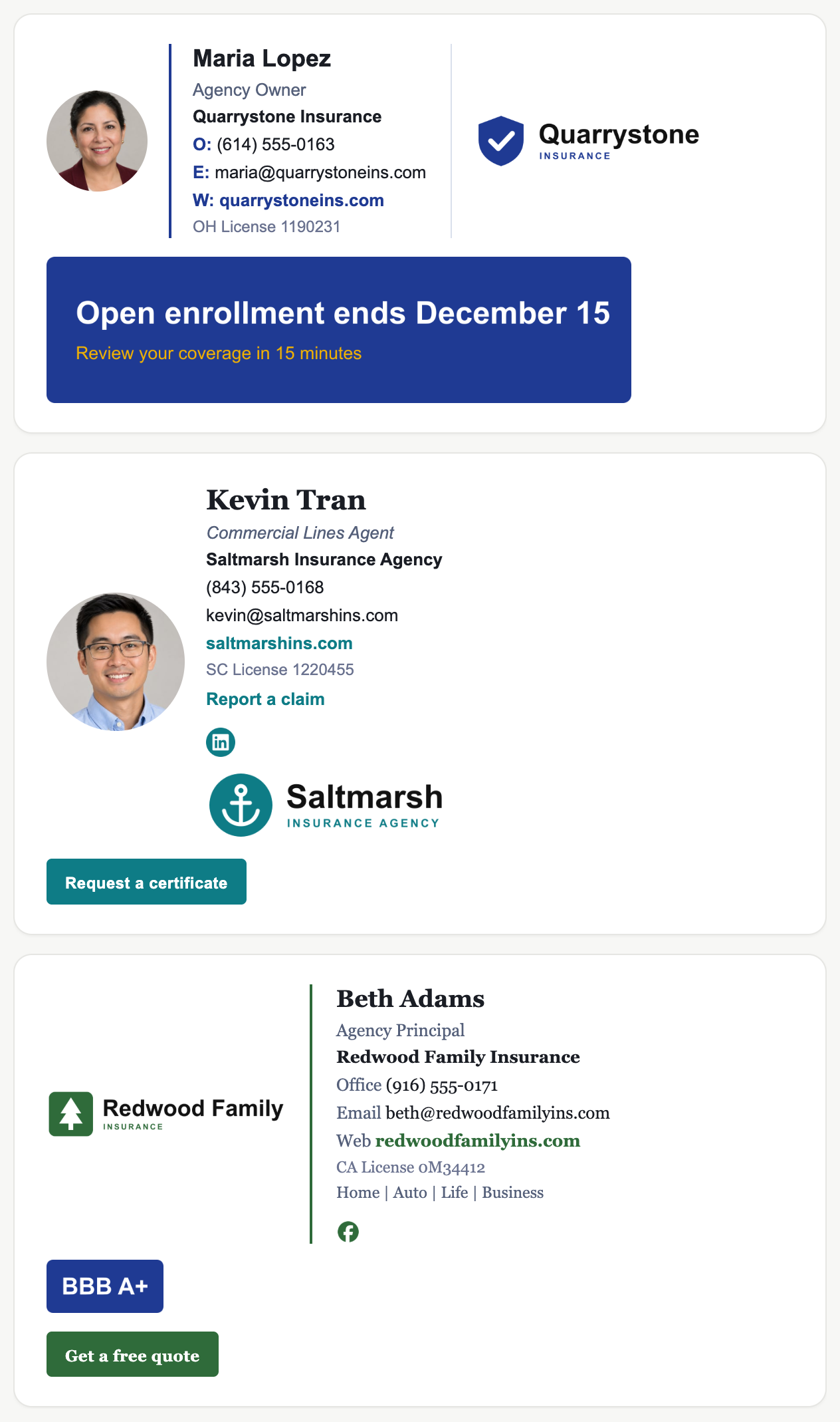 Three polished email signatures built with Staff Signature