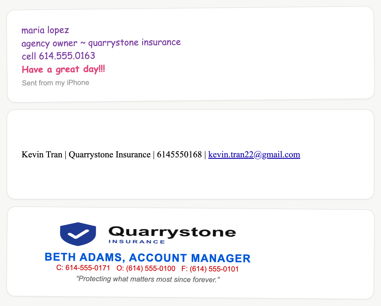 Three messy, mismatched email signatures
