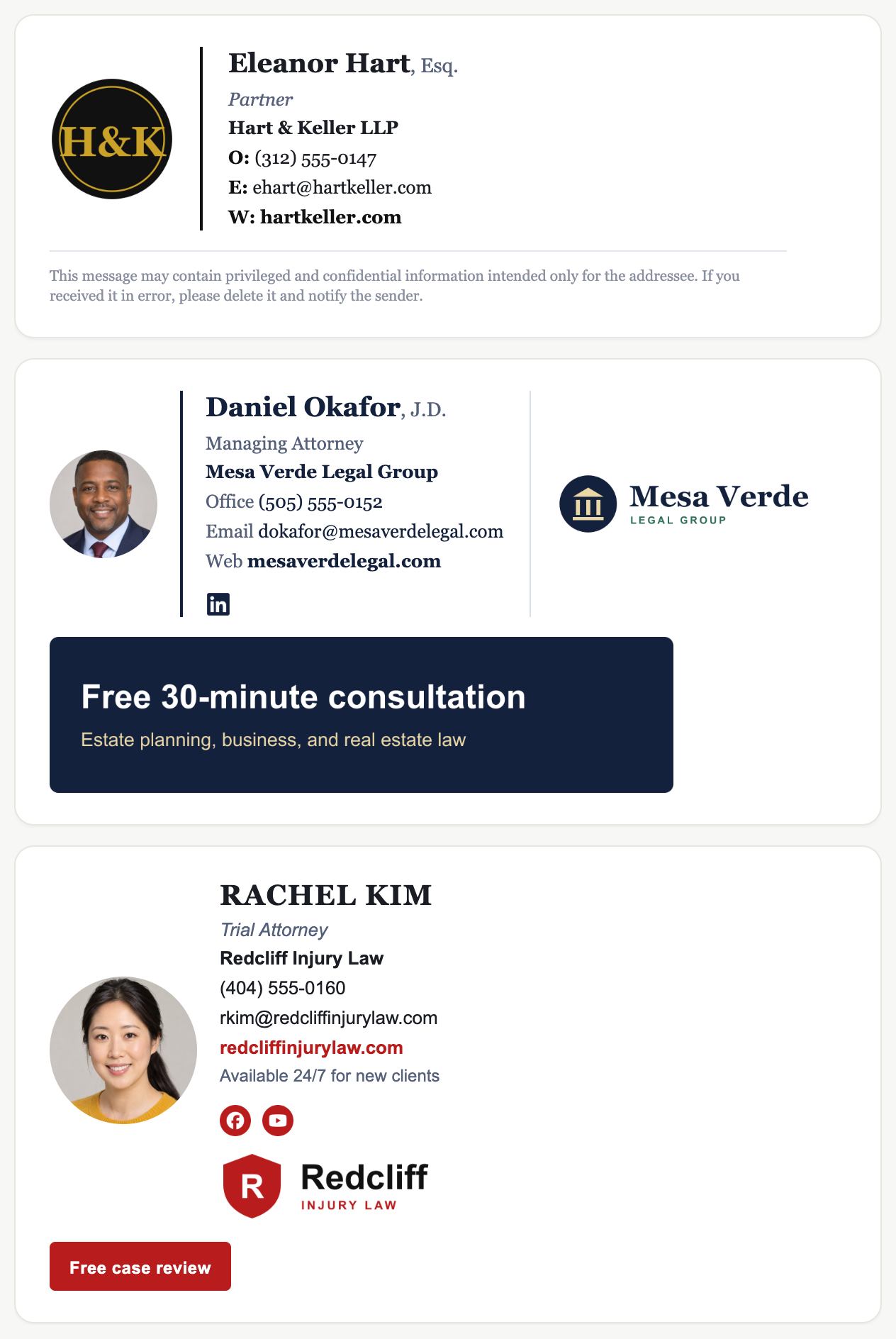 Three polished email signatures built with Staff Signature
