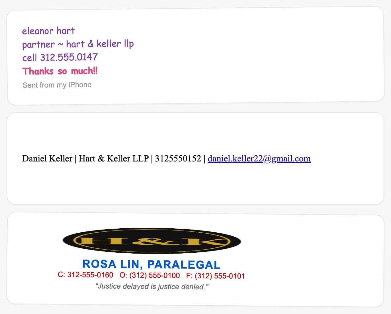 Three messy, mismatched email signatures