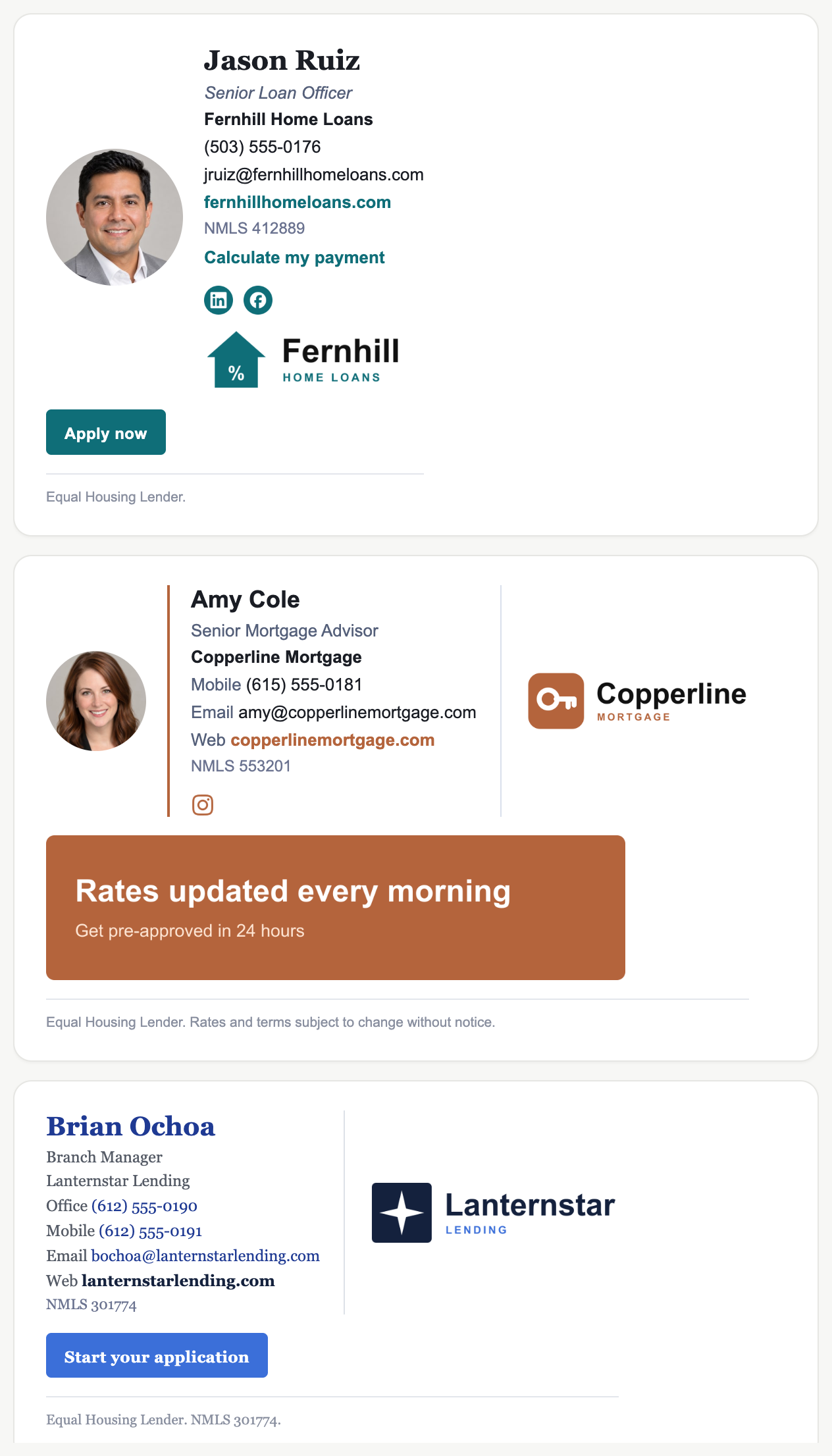 Three polished email signatures built with Staff Signature