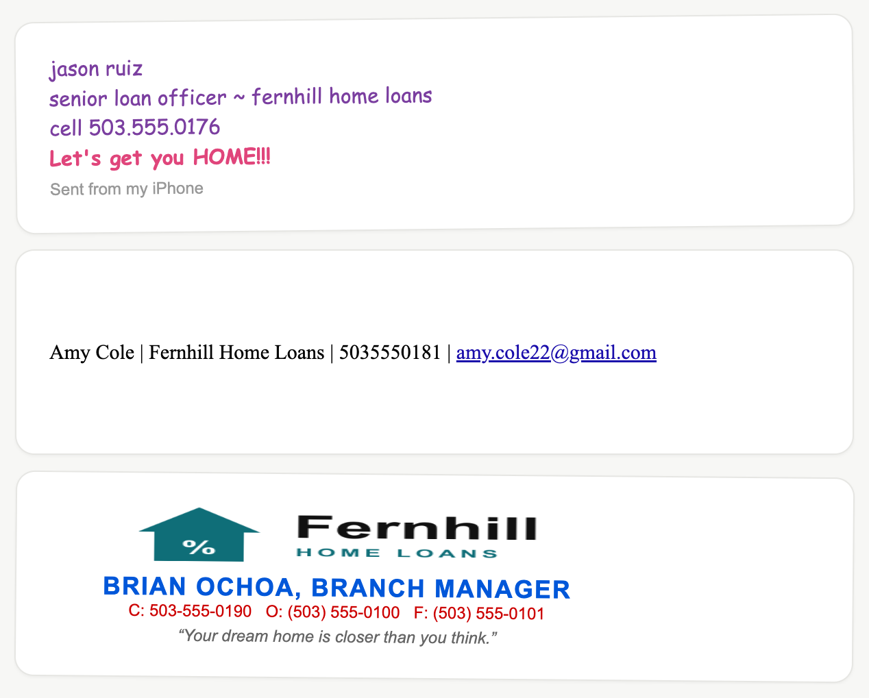 Three messy, mismatched email signatures
