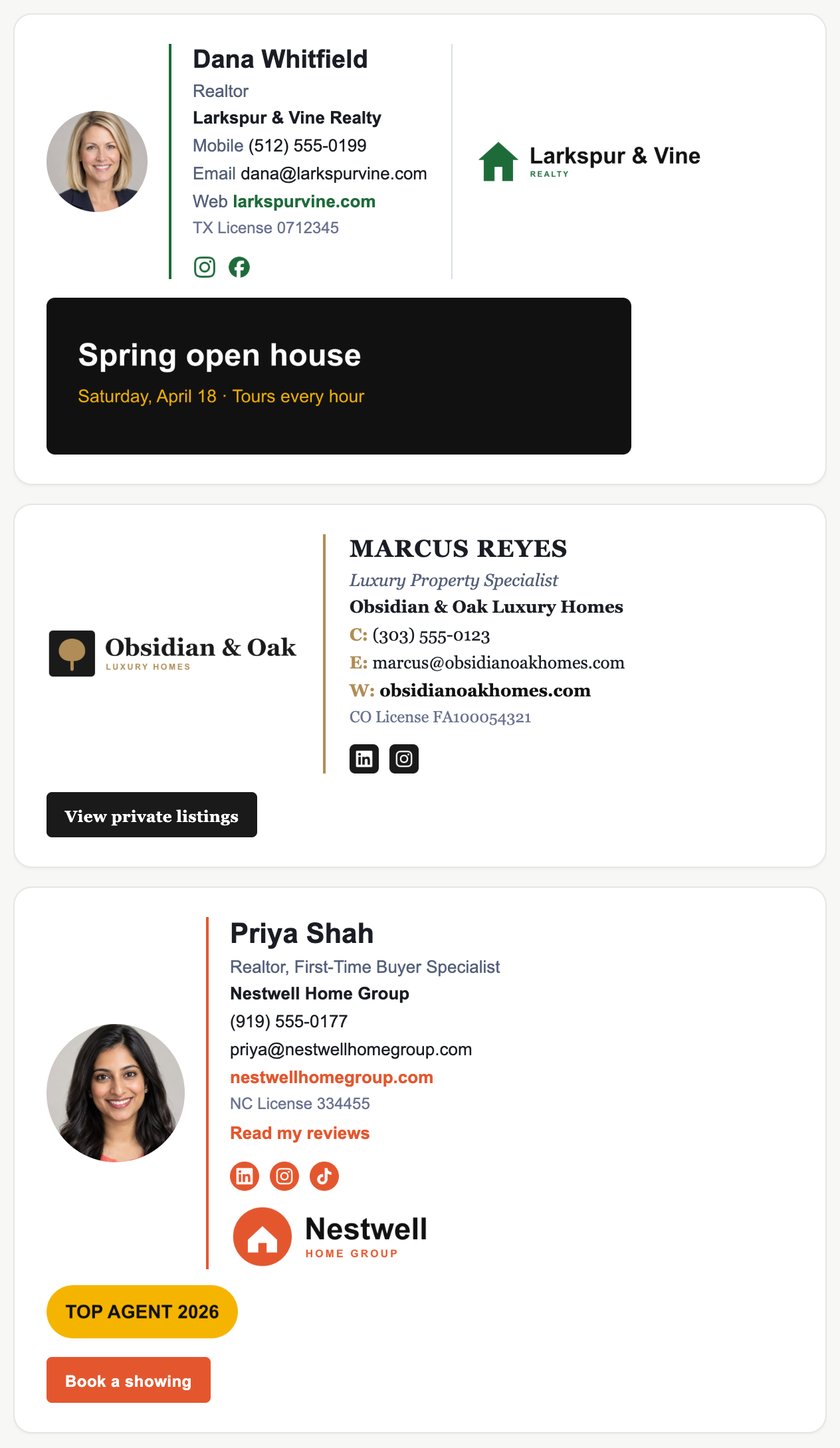 Three polished email signatures built with Staff Signature