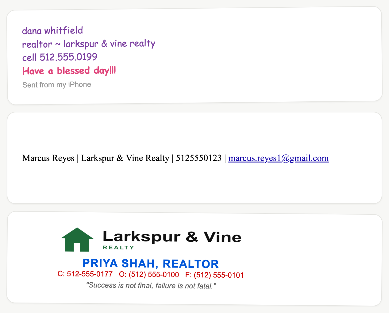 Three messy, mismatched email signatures
